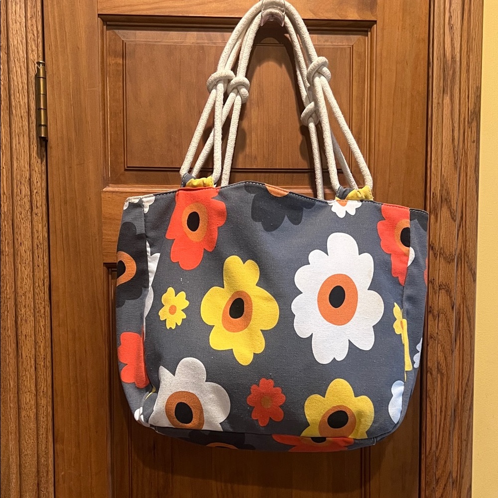 Floral Canvas Tote Bag - Gray and Multicolor